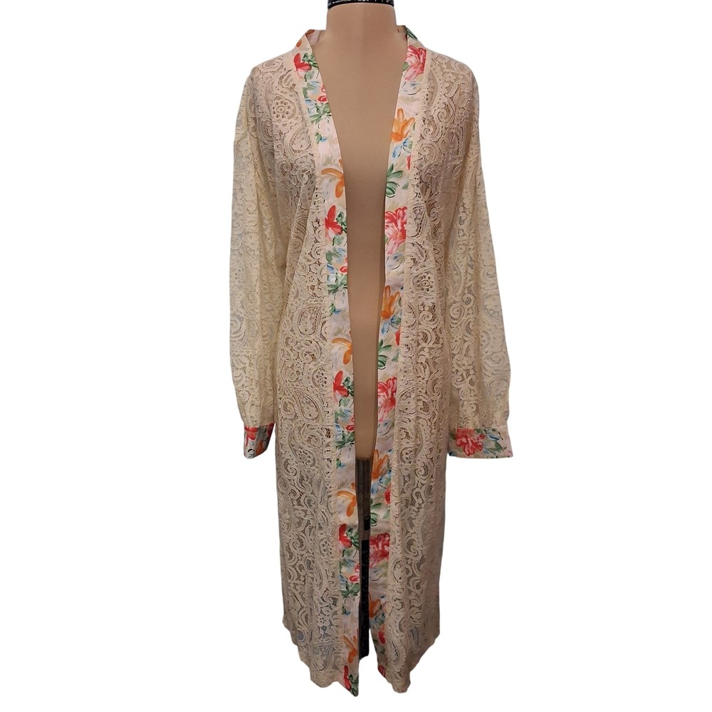 POL Lace Duster Cardigan Cream Floral Trim Paisley Mesh Kimono YKT1481 Medium